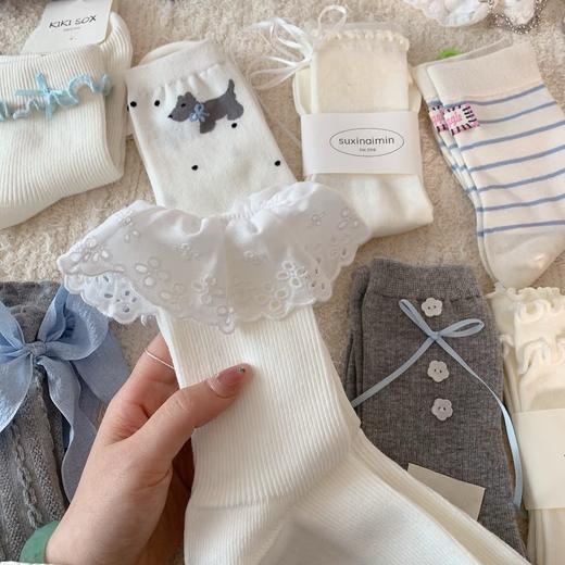 春款袜子大合集！任选4双包邮～棉感中筒袜韩系ins同款条纹纯色波点甜美Lolita堆堆袜女袜蕾丝大花边袜女 商品图2
