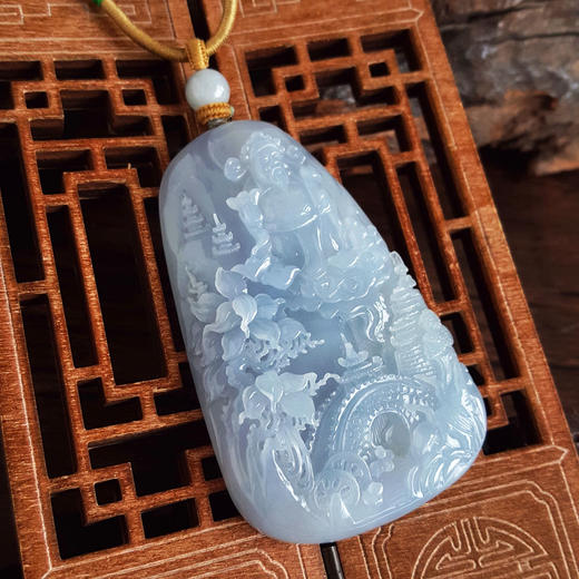 【天然正品】A货翡翠天然细腻糯冰种紫罗兰雕山水财神（招财纳福）平安无事牌翡翠吊坠项链71.2*43.9*10.7MM（皆取最大值）131125AH20 商品图6