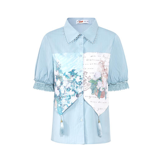 两三事梵高文艺 薄荷青柚 2026春季新款印花拼接流苏泡泡袖衬衫女 商品图4