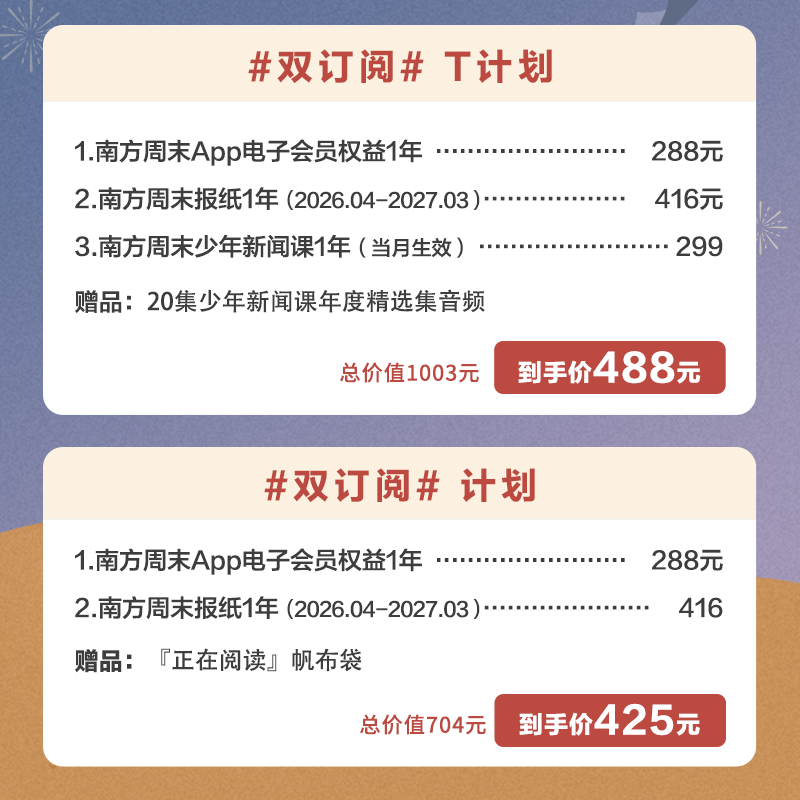 南周双订阅：App年会员+报纸1年（每周四快递）；T计划：少年新闻课1年+App年会员+报纸1年（每周四快递）| 赠品加企微领取