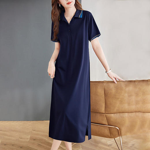 芳妮诗2026夏季新款休闲女士连衣裙大码宽松显瘦撞色翻领t恤裙子 商品图3