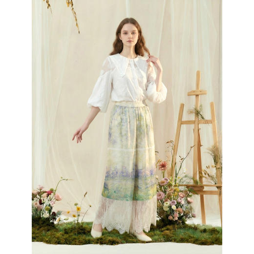 两三事半熟心事2026春季新款森女风镂空蕾丝拼接印花阔腿休闲裤女 商品图1