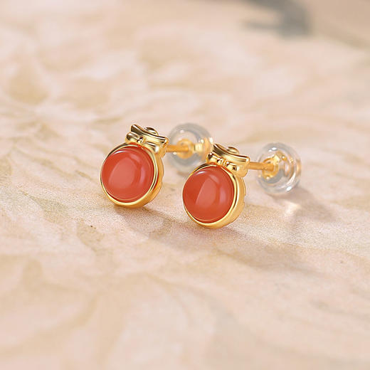 【禧乐】S925纯银镀金水红南红玛瑙圆形福字红色耳钉【CW-ED04574】 商品图1