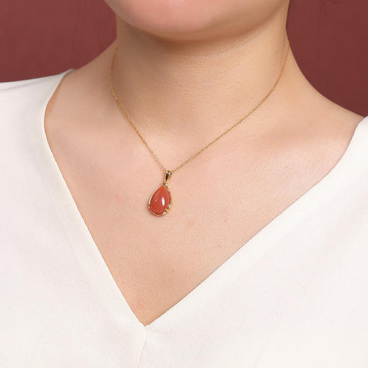 【喜乐长安】S925纯银镀金水红南红玛瑙水滴形吊坠【CW-DZ07178】 商品图3