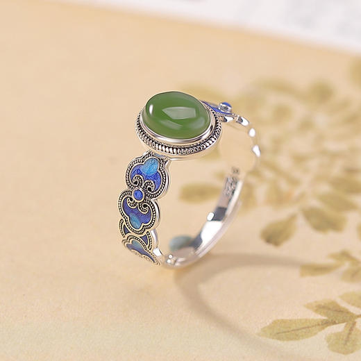 【清禧安岁】天然和田玉S925纯银碧玉南红珐琅如意蛋面开口戒指【CW-JZ07609】 商品图2