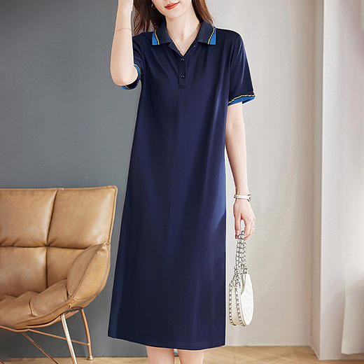 芳妮诗2026夏季新款休闲女士连衣裙大码宽松显瘦撞色翻领t恤裙子 商品图2