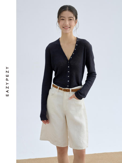 有机亚麻V领修身长袖针织开衫 商品图2