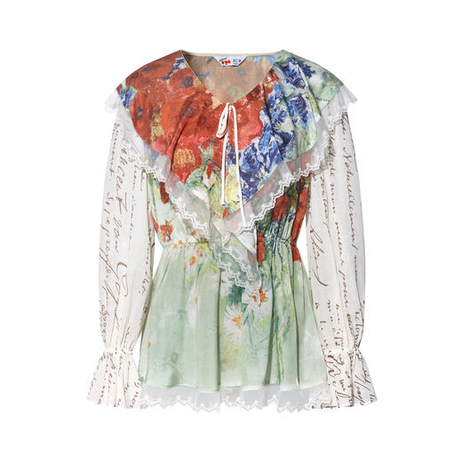 两三事梵高文艺抒情间奏2026夏季新款蕾丝拼接荷叶边领印花雪纺衫 商品图4
