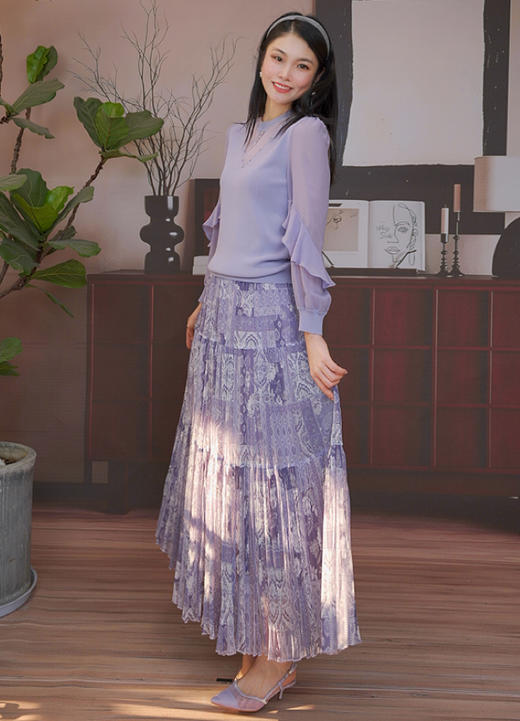 司歌优雅压褶碎花橡筋伞裙中长裙半裙C93G1837 商品图1