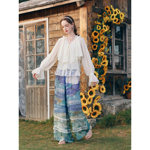 两三事梵高文艺热吻丛林2026春新款流苏裤脚印花高腰阔腿休闲裤女 商品图1