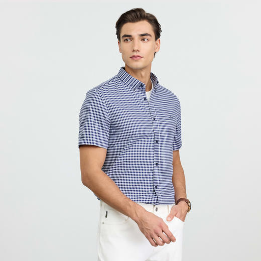 德鲨鲨鱼男装短袖格子衬衣2026夏季新款休闲打底上衣服男弹力衬衫 商品图1