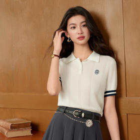 【严选】诗凡黎兰精天丝短袖针织衫2026春夏新款撞色学院风刺绣POLO领上衣7H3131051