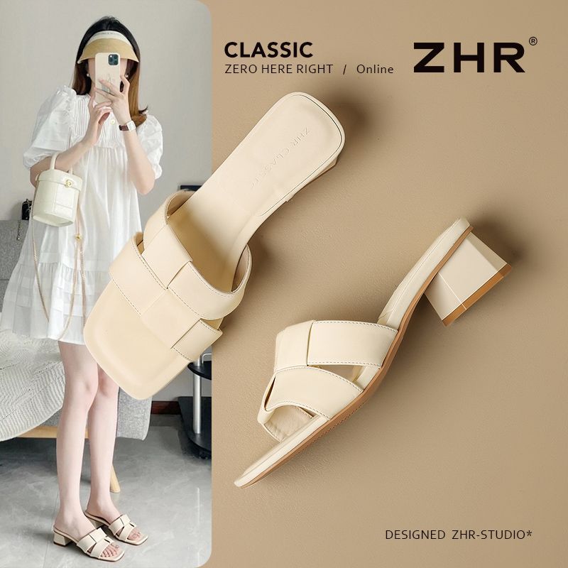 ZHR则则粗跟一字拖鞋女2025新款夏季外穿方头配裙子法式时尚拖鞋