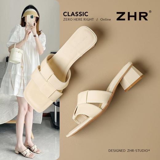 ZHR则则粗跟一字拖鞋女2025新款夏季外穿方头配裙子法式时尚拖鞋 商品图0