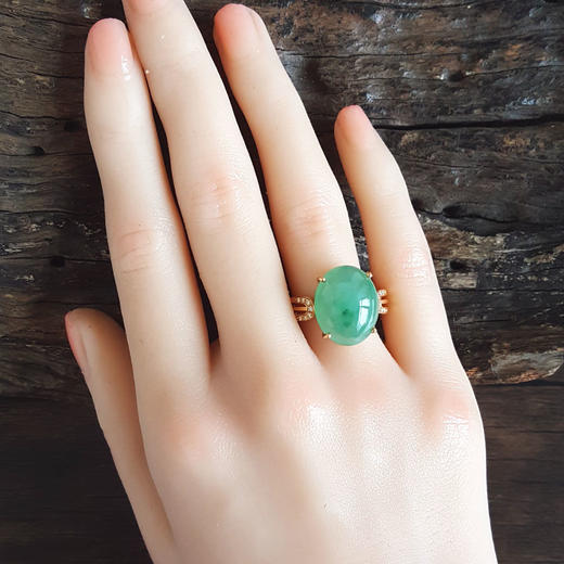 【天然正品】A货翡翠AU750黄金镶钻镶天然细腻满绿糯冰种蛋面翡翠戒指21号131125AH13 商品图7