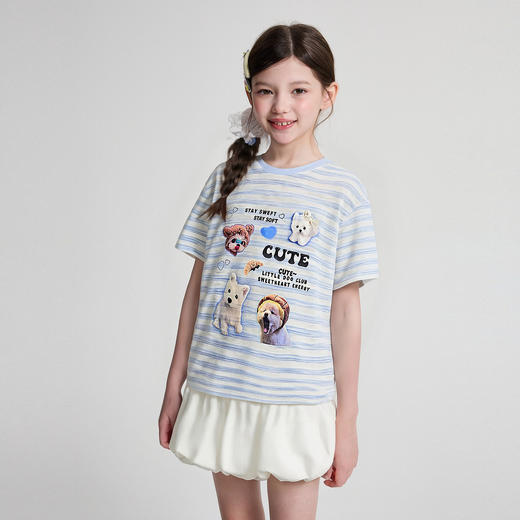 笛莎Deesha 2026年夏季新款中童女童肌理感竹节条纹条纹T恤 商品图1