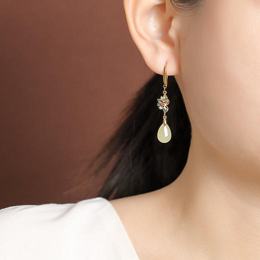 【水滴莲花】S925纯银镀金晴水玉珐琅长款耳饰【CW-EG02461】 商品图3