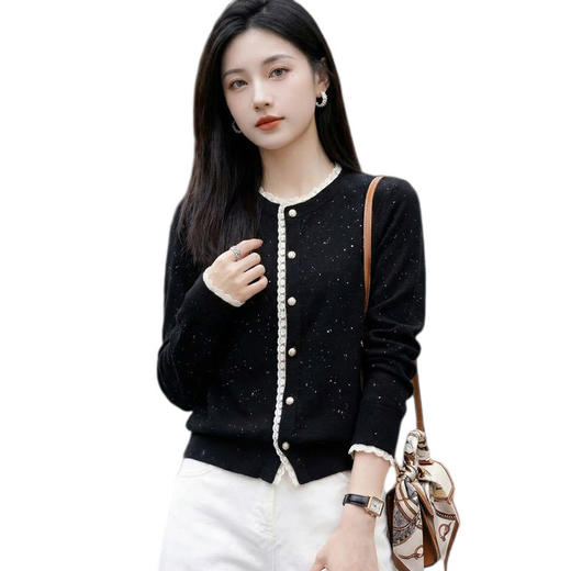 「自」全新升级【铂金会员174/天猫229/差价55】(02048)洛诗琳新款蚕丝羊毛针织开衫2026新款拼色亮丝花边针织外套 商品图4