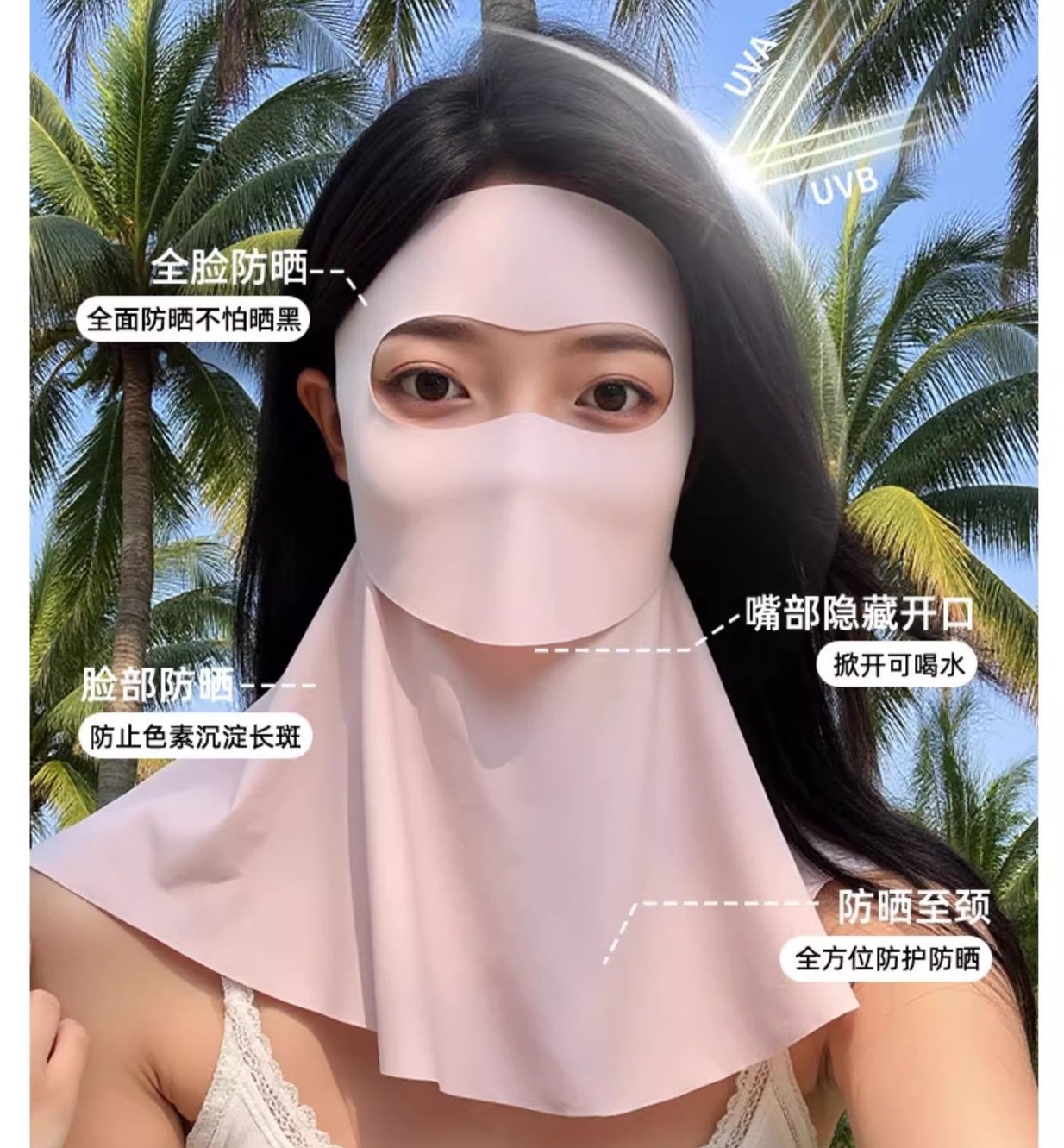 【全方位防护防晒❗嘴部掀开可喝水】夏季防晒面罩女全脸遮阳冰丝脸基尼防紫外线护脖颈可喝水透气口罩。rh