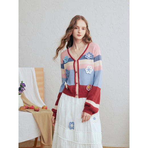 两三事 糖心信号 2026春季新款立体手钩花撞色条纹针织开衫女短款 商品图2