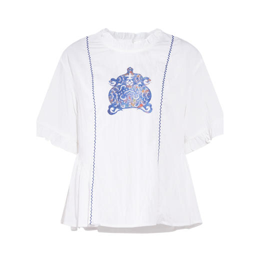 两三事山云录2026春季新款文艺风撞色织带剪纸印花荷叶边领衬衫女 商品图4