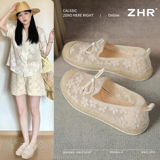 ZHR繁花网纱渔夫鞋女2025新款蝴蝶结透气懒人鞋平底一脚蹬单鞋女 商品图1