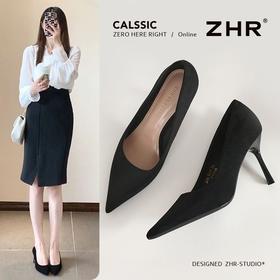 ZHR则则羊京绒高跟鞋细跟气质黑色工作鞋女2025新款单鞋超软女鞋