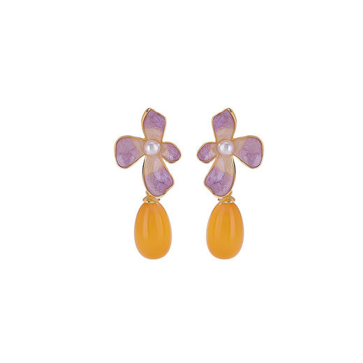 【紫藤花开】S925纯银镀金蜜蜡珍珠珐琅紫藤花水滴耳饰【CW-ED04543】 商品图4