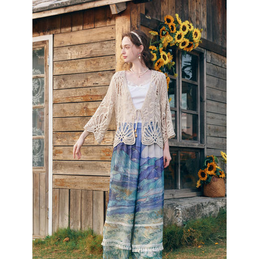 两三事梵高文艺热吻丛林2026春新款流苏裤脚印花高腰阔腿休闲裤女 商品图3