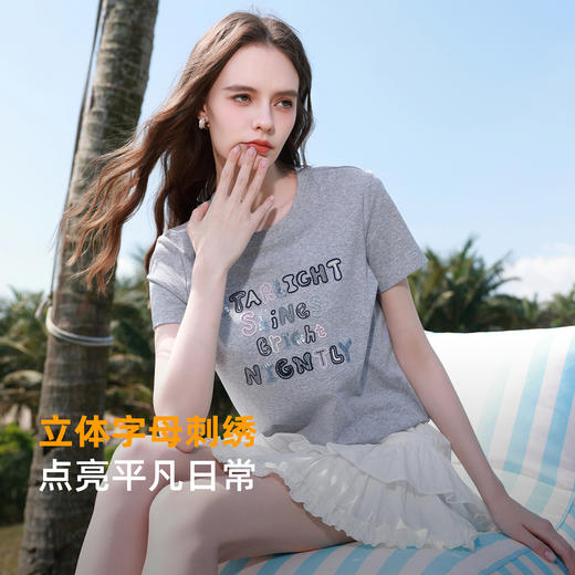 三彩2026夏季新款字母绣花T恤圆领正肩短袖上衣套头衫休闲M 商品图2