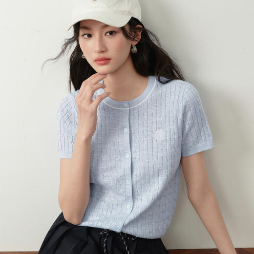 【严选】诗凡黎花纱小凉风绞花针织开衫2026夏新款显瘦透气圆领短袖上衣女7H3330681 商品图2