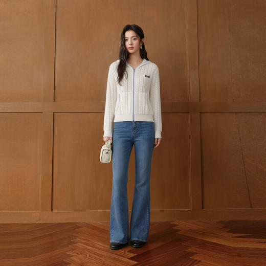 【严选】诗凡黎拉链连帽棉绞花开衫2026春宽松慵懒内搭坑条长袖上衣7H3431331 商品图1