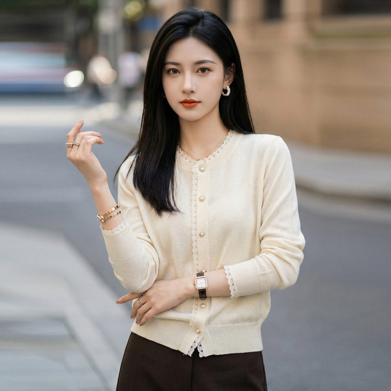 「自」全新升级【铂金会员174/天猫229/差价55】(02048)洛诗琳新款蚕丝羊毛针织开衫2026新款拼色亮丝花边针织外套