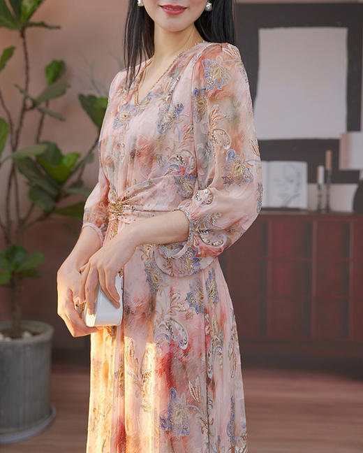 司歌重磅工艺盯珠印花收腰v领连衣裙中长裙A93G5725 商品图2