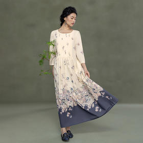 【林栖设计小店】花间迷梦|纯棉杏色牙签褶优雅早春新品印花连衣裙1961344