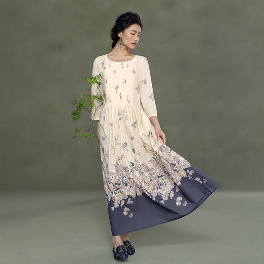 【林栖设计小店】花间迷梦|纯棉杏色牙签褶优雅早春新品印花连衣裙1961344 商品图0