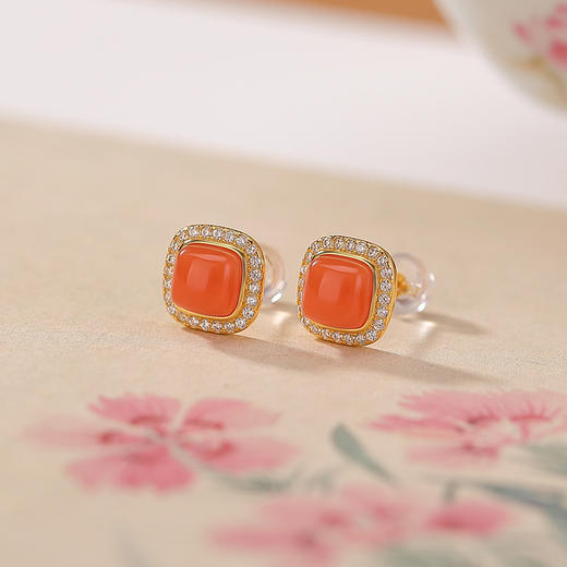 【昭华予安】S925纯银镀金水红南红玛瑙几何方形耳饰【CW-ED04640】 商品图1