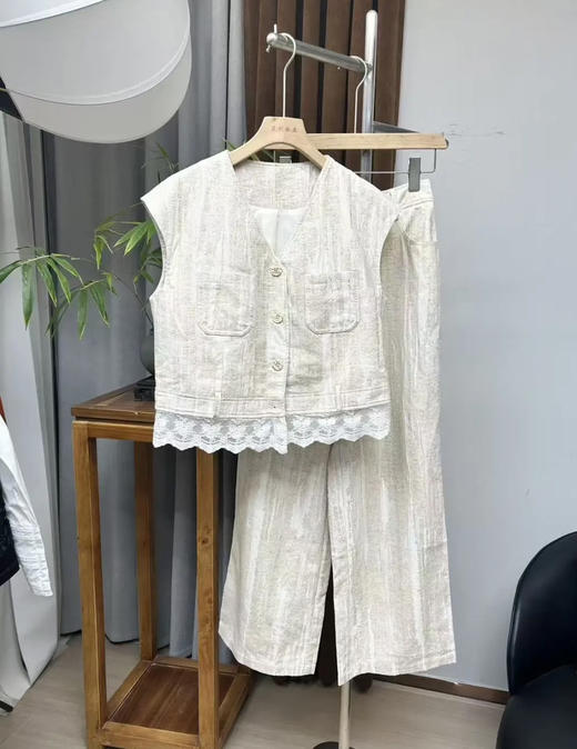 原单新款撞色浅条纹棉麻小飞袖马甲套装 商品图2