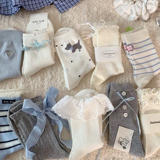 春款袜子大合集！任选4双包邮～棉感中筒袜韩系ins同款条纹纯色波点甜美Lolita堆堆袜女袜蕾丝大花边袜女 商品图1