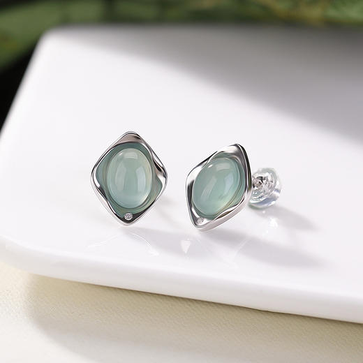 【晚风知意】S925纯银天然蓝水翡翠几何菱形蛋面耳钉【CW-ED04488】 商品图2