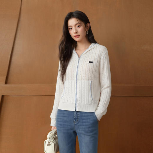 【严选】诗凡黎拉链连帽棉绞花开衫2026春宽松慵懒内搭坑条长袖上衣7H3431331 商品图4