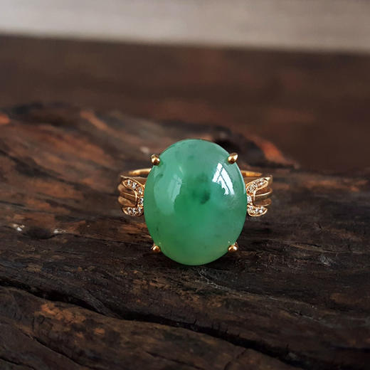 【天然正品】A货翡翠AU750黄金镶钻镶天然细腻满绿糯冰种蛋面翡翠戒指21号131125AH13 商品图4