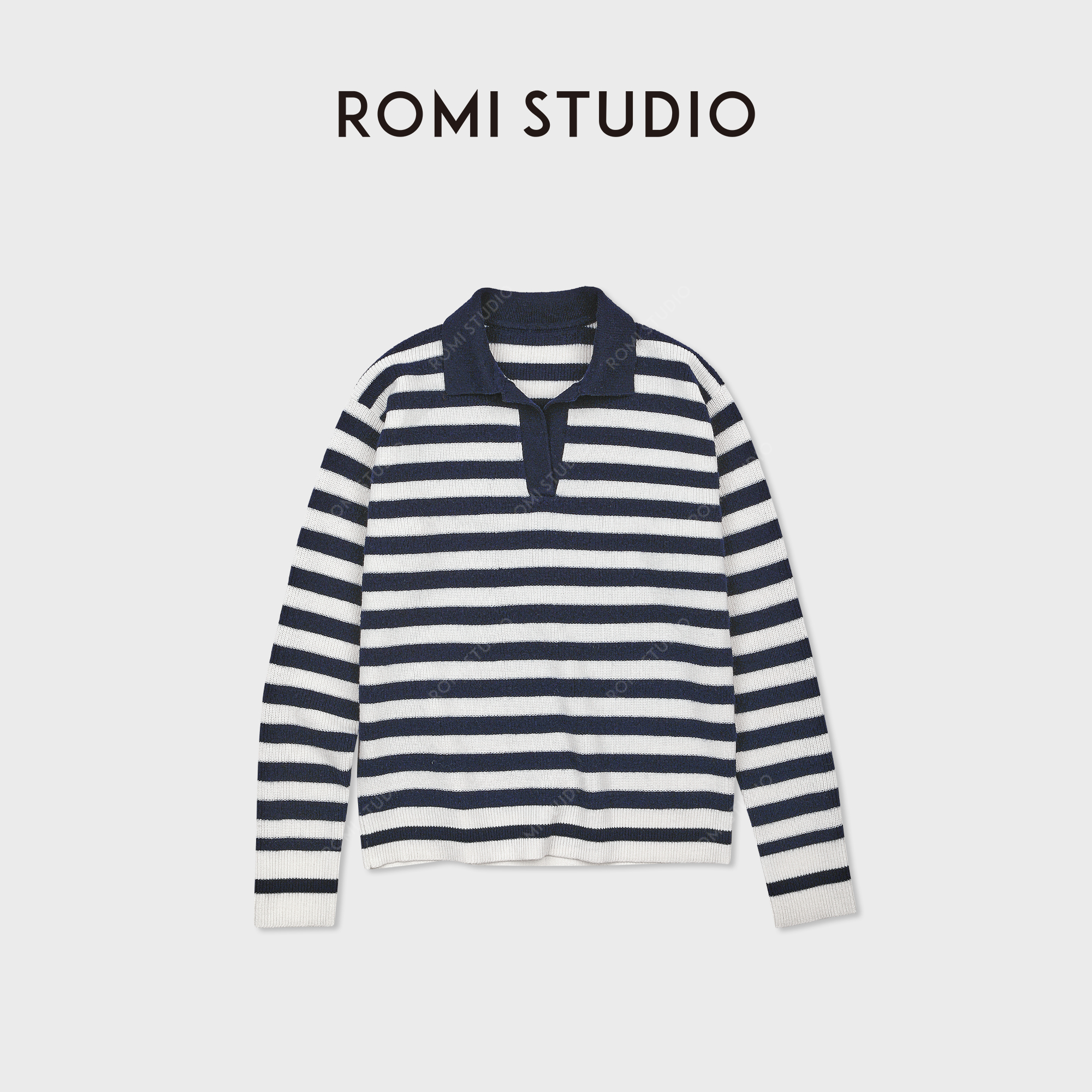 ROMI STUDIO“航海系列”羊毛混纺针织Polo领条纹毛衫RWDSST1800