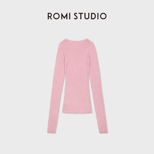 ROMI STUDIO100%桑蚕丝坑条v领粉色修身长袖针织上衣RWDSST1760 商品图1