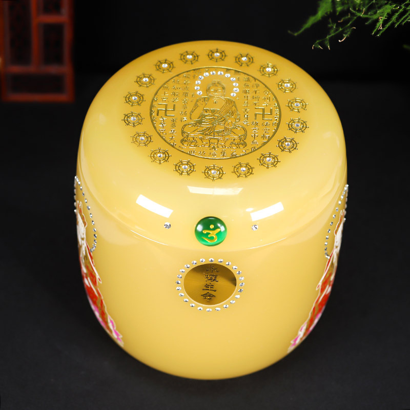 黄琉璃骨灰坛地藏王万字骨灰桶骨灰坛20*20cm