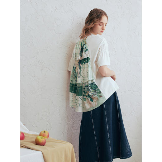 两三事梵高文艺山雾竹影2026春新款印花布拼接前短后长t恤女宽松 商品图1