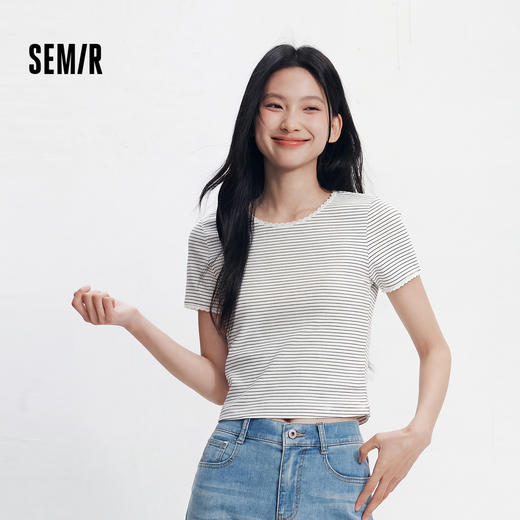 【99元任选2件】森马短袖T恤女夏季短款蕾丝花边圆领紧身衣服显瘦温柔气质条纹衫 商品图0