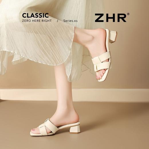 ZHR则则粗跟一字拖鞋女2025新款夏季外穿方头配裙子法式时尚拖鞋 商品图7