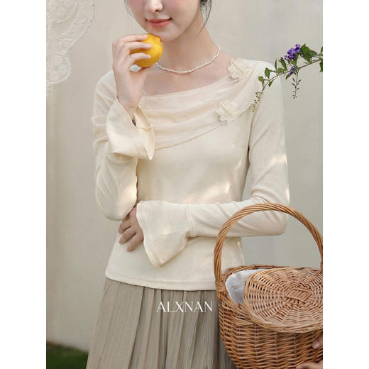 鹿向南「琉璃花海」小众设计感杏色长袖t恤女春短款修身法式上衣 商品图1