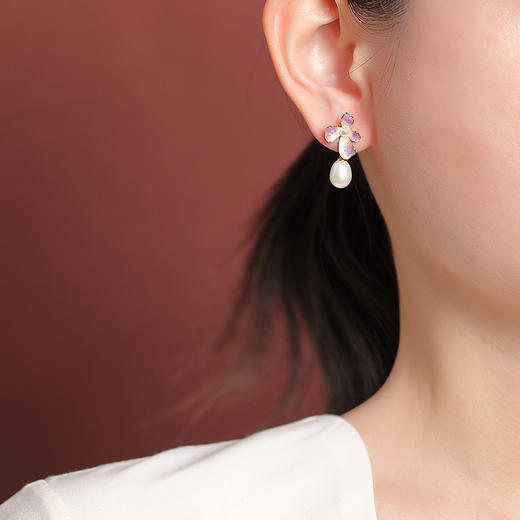 【紫藤花开】S925纯银镀金蜜蜡珍珠珐琅紫藤花水滴耳饰【CW-ED04543】 商品图3